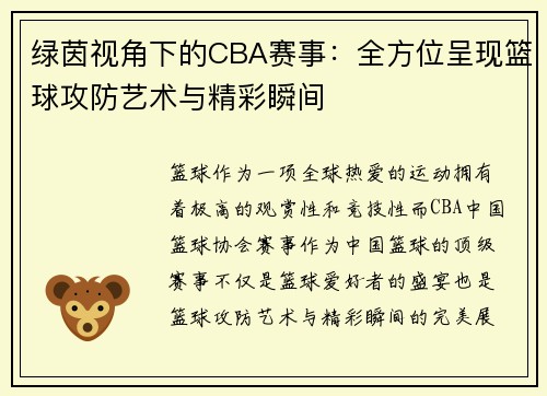 绿茵视角下的CBA赛事：全方位呈现篮球攻防艺术与精彩瞬间