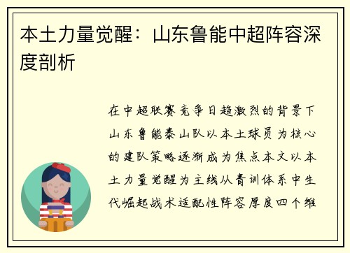 本土力量觉醒：山东鲁能中超阵容深度剖析