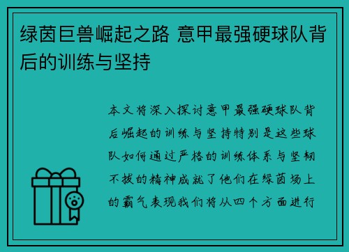 绿茵巨兽崛起之路 意甲最强硬球队背后的训练与坚持