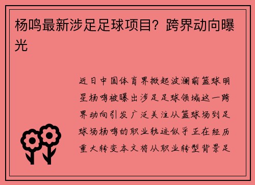 杨鸣最新涉足足球项目？跨界动向曝光