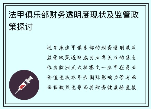 法甲俱乐部财务透明度现状及监管政策探讨